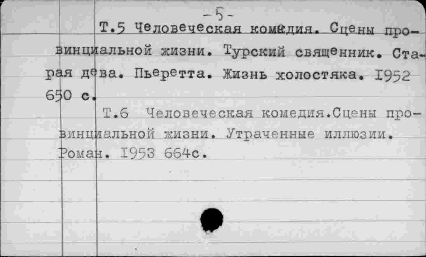 ﻿		-5- Т.5 Человеческая комйдия. Сцены про-
1	инод	1альной жизни. Турский священник. Става. Пьепетта. Жизнь ■холостяка. тсзцо
ре	1Я дя	
5	0 г	
		Т.б Человеческая комедия.Сцены про-
	зинц	сальной жизни. Утраченные иллюзии. <. 1953 664с.
	эома	
		
		
		
		
		